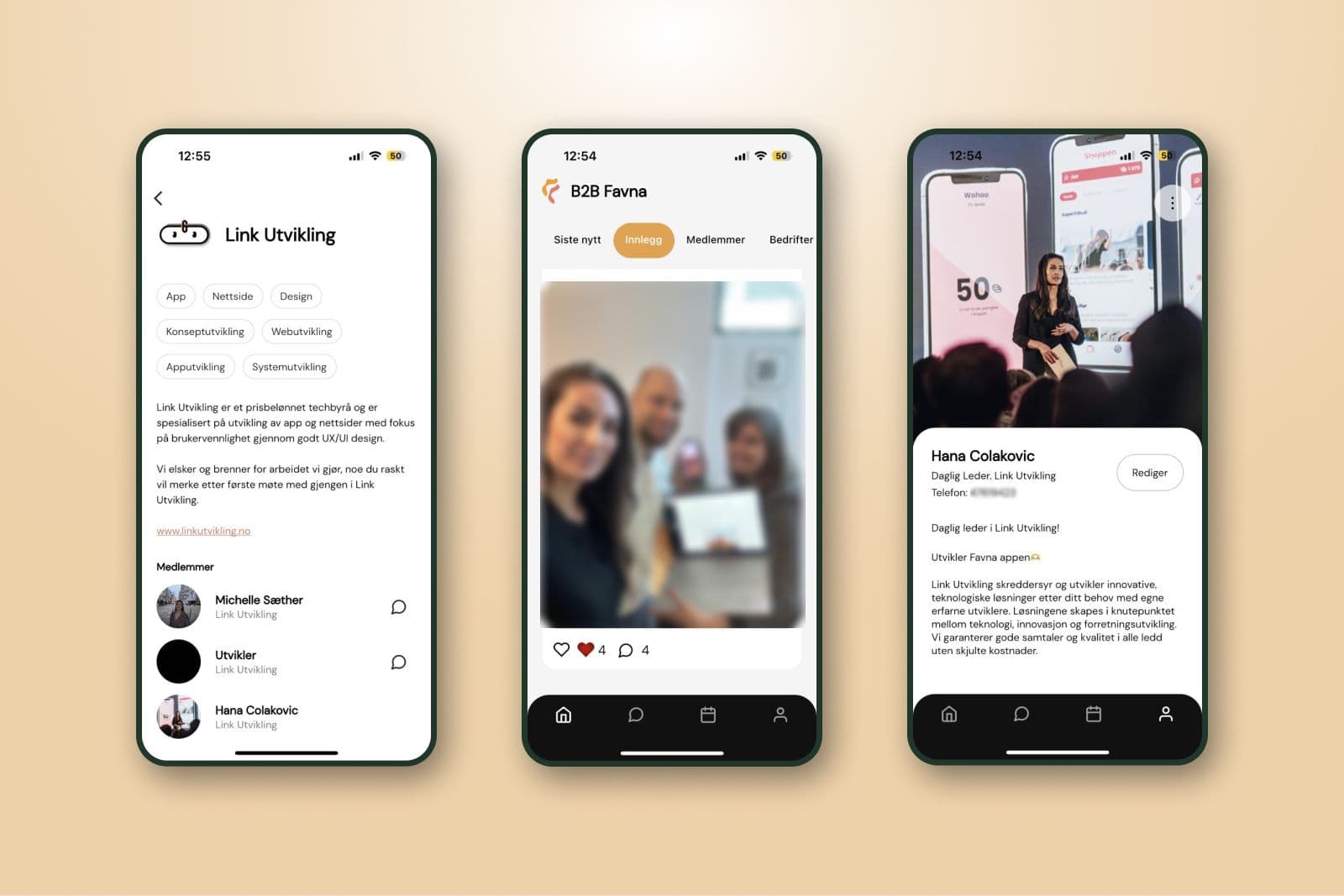 Skjermbilde fra prosjektet Favna - app for B2B nettverk